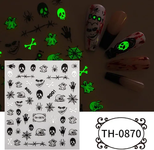 Vista 7 de Calcomanías para Uñas de Halloween, 6 Hojas de Calcomanías para Uñas de Fantasma Negro 3D Autoadhesivas Pequeñas de Horror Calabaza Brujas