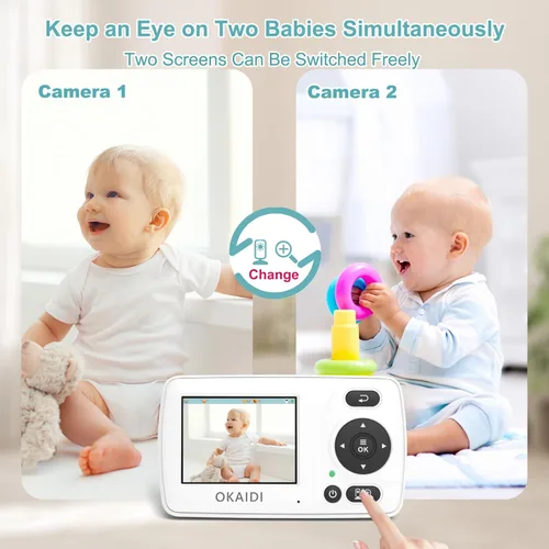 Vista 6 de OKAIDI Monitor de video para bebés con 2 cámaras, pantalla de viaje portátil de 2.4 pulgadas, transmisión de largo alcance de 1000 pies, monitor