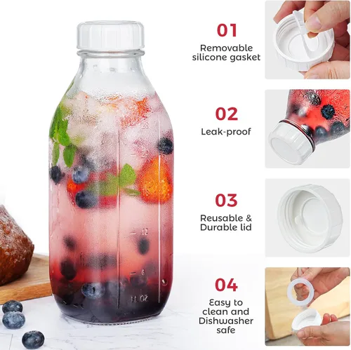 Vista 4 de Botellas de leche de vidrio reutilizables de 32 onzas con tapa dispensadora de silicona, paquete de 2 frascos de vidrio con tapa hermética de rosca