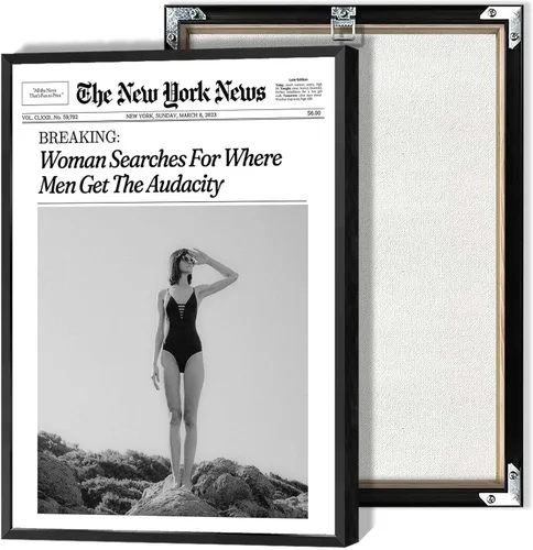 Vista 5 de Arte de pared en lienzo en blanco y negro con titulares de revistas de tendencia, póster de noticias, imagen divertida de hora feliz, impresiones