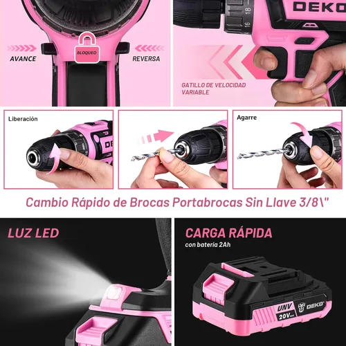 Vista 4 de Juego de herramientas de taladro eléctrico rosado: taladro eléctrico inalámbrico de 20 V, controlador, caja de herramientas con batería