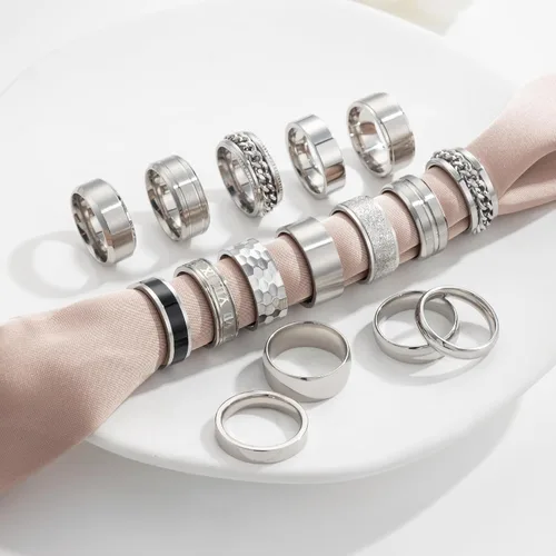 Vista 4 de RIOSO 16 anillos de acero inoxidable para hombre, anillo de plata fría para mujeres y hombres, juego de anillos de compromiso de boda simples