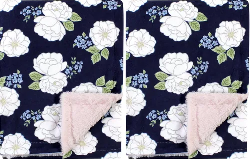 Vista 8 de Hudson Baby Infant Girl Plush Blanket with Furry Binding and Back, Navy Bold Floral, One Size (Pack of 2)