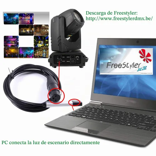 Vista 6 de Adaptador de interfaz USB a DMX RS485 Convertidor Serial 3PIN XLR LED DMX512 Freestyler Software PC a escenario Control de iluminación Cable