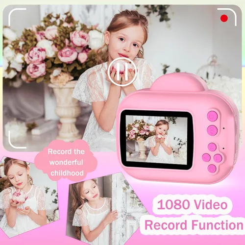 Vista 3 de Cámara para niños con impresión instantánea para niños, cámaras para niños pequeños, cámaras de video digitales HD 1080P, juguete de cámara Rosa