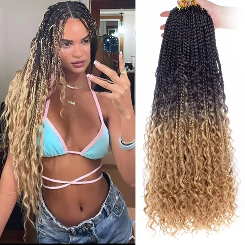 Vista 25 de Unionbeauty - 8 paquetes de trenzas bohemias de diosa en caja, de ganchillo de pelo para mujer negra, 8 pulgadas de trenzas de caja bob bohemias