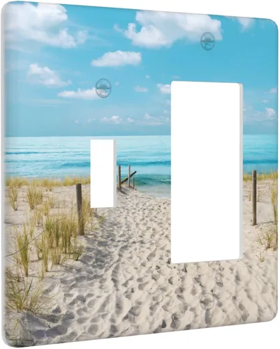 Vista 2 de Blue Ocean White Sand Beach 2 Gang Combination Toggle Rocker - Placa de pared para interruptor de luz doble, cubierta de salida decorativa eléctrica
