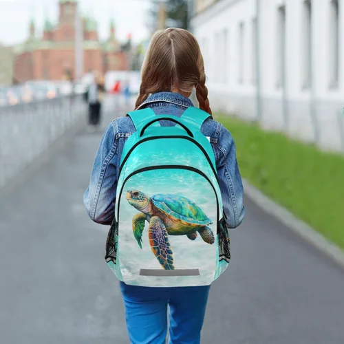 Vista 2 de Mochila para niños y niñas, mochila de viaje con flores de caballo blanco, mochila de escuela primaria para niños y niñas, tortuga marina, Mochilas