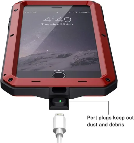 Vista 5 de Lanhiem Funda para iPhone 7 Plus/8 Plus, resistente a los golpes, [Tough Armour], funda de metal con protector de pantalla integrado, funda Rojo