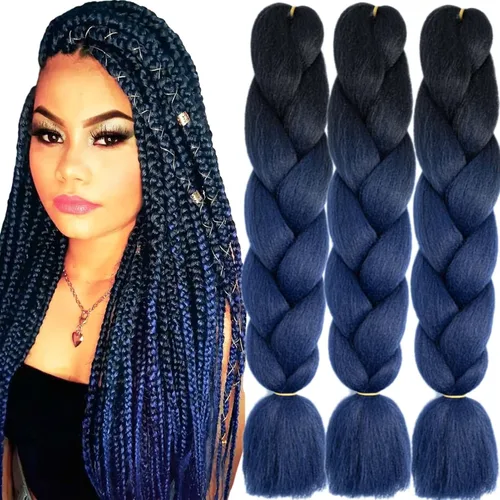 Vista 51 de 3 paquetes de extensiones de cabello sintético para trenzar de color negro a azul, tamaño jumbo ombré, de 24 pulgadas o trenzas de ganchillo