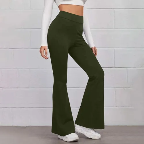 Vista 2 de Pantalones de yoga para mujer, a la moda, de color sólido, pantalones acampanados deportivos, casuales, cintura alta, elástica, ajustados, ajustados