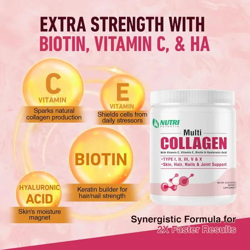 Vista 5 de Polvo de péptidos de colágeno múltiple - Tipo I, II, III, V, X con vitamina C, E y ácido hialurónico, cabello, piel, soporte de uñas, sin sabor, sin