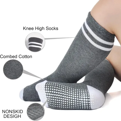 Vista 2 de EPEIUS Calcetines altos hasta la rodilla con agarre antideslizante Toddller Athletic Stripe Team Tube Calcetines para niños y niñas, paquete de 5