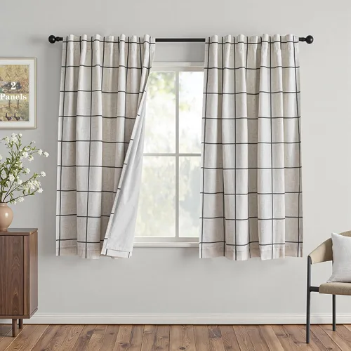 Vista 15 de MYSKY HOME Cortinas de Lino a Cuadros 100% Opacas de 45 Pulgadas de Largo de Doble Capa Estilo Granja con Aislamiento Térmico Estampado a Cuadros