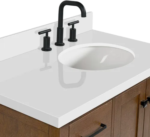 Vista 15 de ARIEL Cambridge tocador de baño con fregadero, madera maciza, encimera y protector contra salpicaduras de cuarzo blanco puro de 1.5 pulgadas
