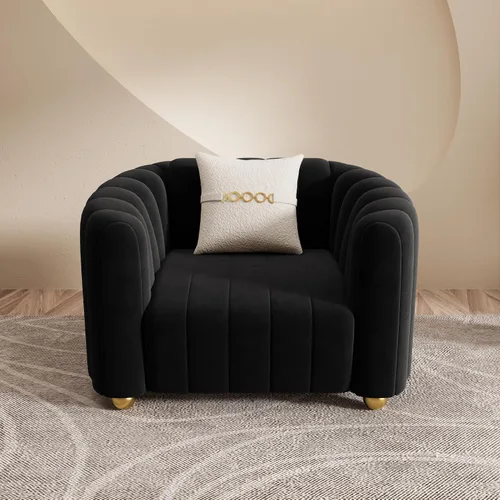 Vista 7 de Moderno sofá de terciopelo negro para sala de estar, sofá individual de 42 pulgadas con patas de esfera de metal dorado (negro 1S)