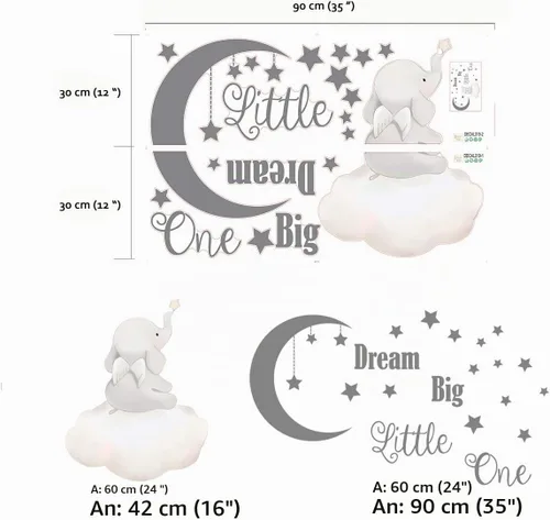 Vista 4 de Runtoo Calcomanías de pared Dream Big Little One con citas inspiradoras de elefante, calcomanías de pared para dormitorio, sala