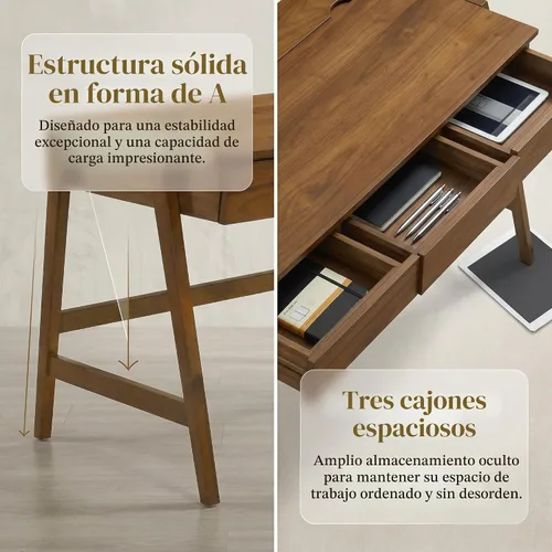 Vista 4 de HNY Escritorio de madera de nogal de 59 pulgadas con 3 cajones, mesa de estudio de computadora con parte superior de MDF, patas de madera de goma