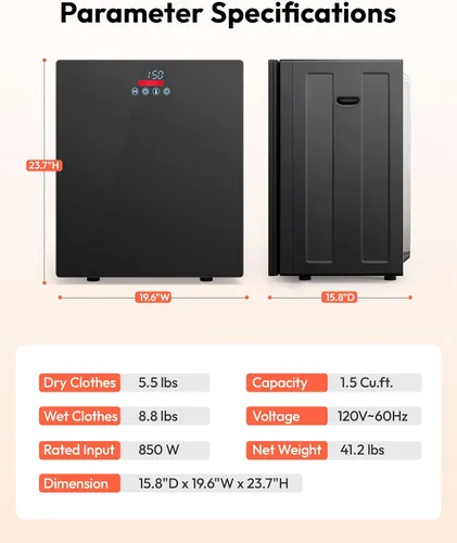 Vista 7 de EUHOMY Secadora portátil de 1.5 pies cúbicos con 4 programas de secado, capacidad de ropa de 5.5 libras, acabado de espejo y panel LCD, secadora