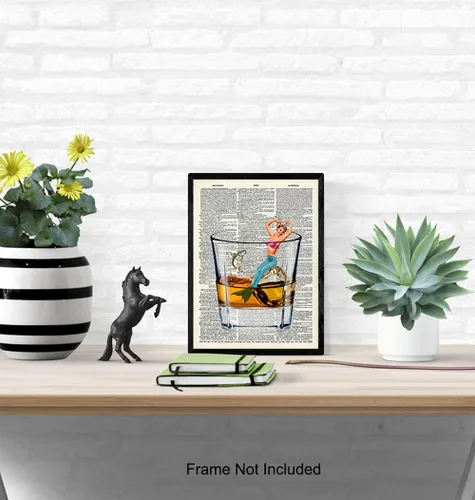 Vista 5 de Bar Man Cave Mermaid Decor – Arte de pared de whisky escocés – Decoración de pared de pescado para hombres, chicos – Impresión divertida para beber