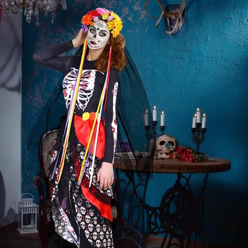 Vista 5 de Ramede 4 piezas de disfraz de Halloween Día de los Muertos para mujer, body de esqueleto con lazo en la diadema bulliciosa tatuajes faciales