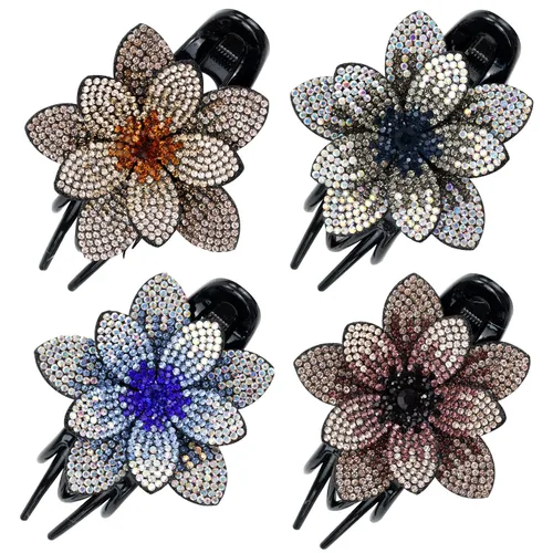 Vista 9 de inSowni Juego de 4 Pinzas para el pelo de lujo con brillos de fantasía, cristales brillantes, decorativas, de plástico, con flores, clips de garra