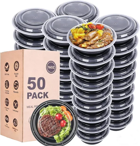 Vista 8 de Recipientes de preparación de comidas con tapas, paquete de 50 tazones de comida de 32 onzas, recipientes redondos para llevar, sin BPA, aptos