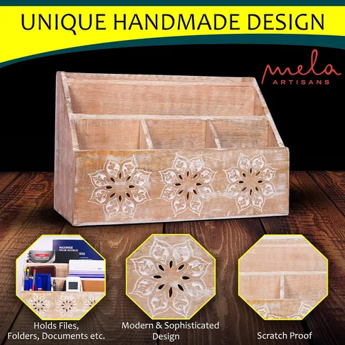 Vista 7 de Mela Artisans Serena - Organizador de escritorio de madera blanqueada de 13 x 8.5 pulgadas, soporte de correo de madera de mango con 5