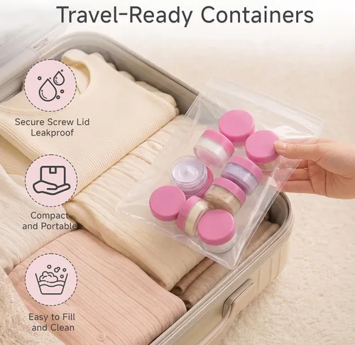 Vista 6 de Contenedores de cosméticos con tapas, tarros de loción de plástico, tarros para muestras, con tapa rosa, 0.2 oz, 25 unidades, Tarro de 3 gramos.