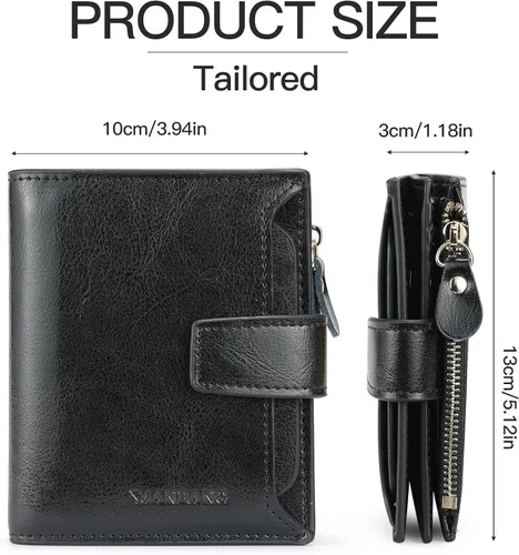 Vista 3 de MANBANG Billeteras de cuero para mujer, con bloqueo RFID, pequeña, plegable, con cremallera, bolsillo para tarjetas, con ventana de identificación