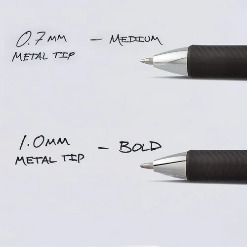 Vista 7 de Pentel® Energel® Deluxe RTX Bolígrafos de gel, punto Mediano, 0.7mm, barriles surtidos, tinta color negro, paquete de 3