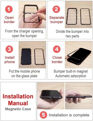 Vista 8 de Funda magnética para Huawei P30 Lite, protección completa de 360°, parachoques de metal con parte delantera y trasera, cubierta abatible de vidrio