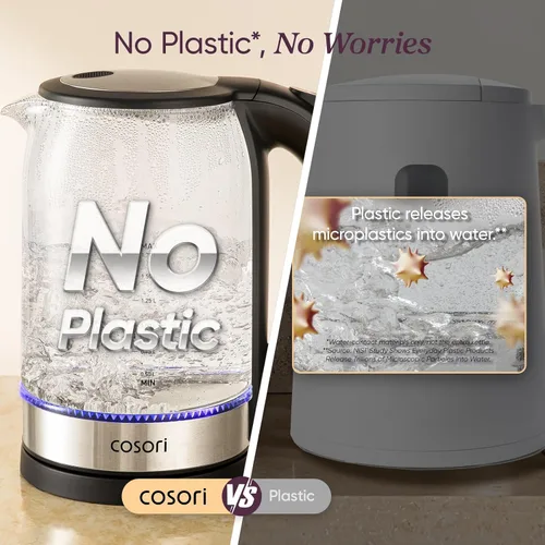 Vista 4 de COSORI - Hervidor eléctrico, sin contacto de plástico con agua, 1.8 qt/1500W, tapa interior y filtro de acero inoxidable, tetera para café y té
