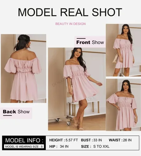 Vista 2 de Dokotoo Vestidos de verano para mujer, con hombros descubiertos, manga corta, farol, volantes, cintura elástica, acampanado, casual, mini vestido