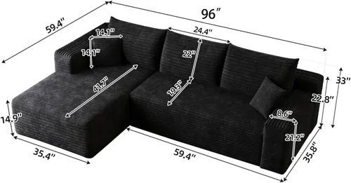 Vista 2 de Sofá deshuesado de 96 pulgadas, sofá modular en forma de L, color negro