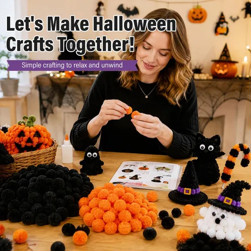 Vista 5 de Veroave Pompones negros, 150 pompones de 1 pulgada para manualidades, bolas de soplo, manualidades y manualidades para decoración de manualidades