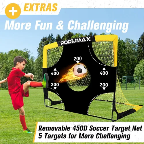 Vista 3 de PodiuMax Juego de porterías de fútbol para niños, conjunto de 2, de 4x3 pies. Porterías de fútbol emergentes, portátiles y para el patio trasero