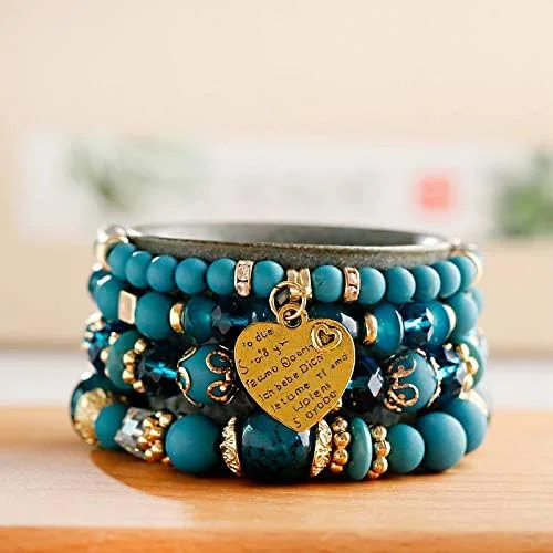 Vista 6 de LOLOMATO - Juego de pulseras bohemias de color rosa para mujer estilo étnico cuentas de piedra natural dije de tribu de color dorado pulsera