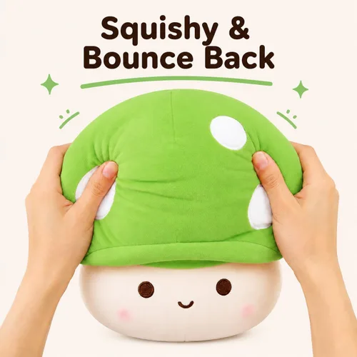 Vista 6 de Almohada de felpa de hongos verdes de 14 pulgadas, bonita decoración de hongos grandes, peluche de peluche, juguete suave regalo para niñas, niños