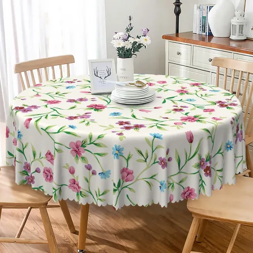 Vista 24 de Mantel redondo floral rústico de 48 pulgadas, con estampado botánico de flores en acuarela verde, azul y gris, a prueba de derrames y aceite, tela