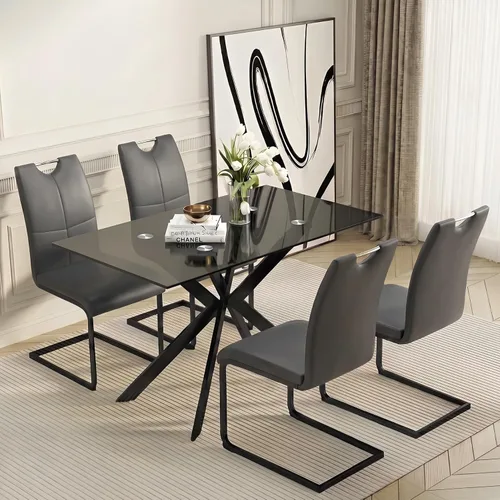 Vista 16 de Juego de mesa de comedor de vidrio de 51 pulgadas para 4 personas con tapa de vidrio templado, color negro Patas de metal negro, sillas de cuero