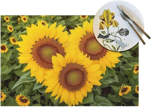 Vista 7 de Juego de 1 manteles individuales en forma de corazón de vinilo de PVC con forma de girasol, resistentes al calor, manteles individuales