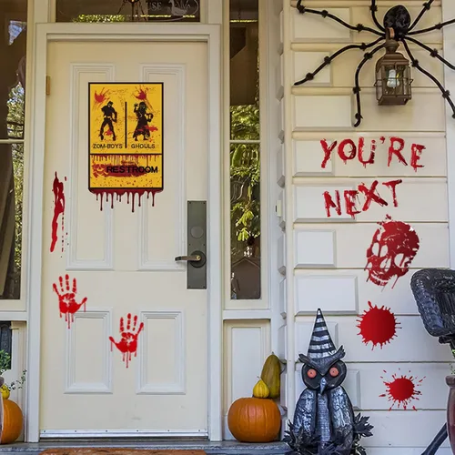 Vista 9 de 126 calcomanías de decoración de Halloween, 12 hojas de Halloween para ventana, pared, piso, huellas de manos sangrientas, calcomanías de huellas