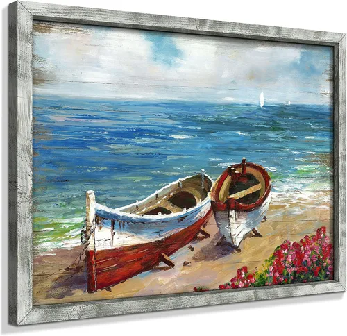 Vista 15 de Pintura enmarcada de paisaje marino: arte abstracto del océano, imagen costera, impresiones de veleros en madera en estilo moderno para decoración