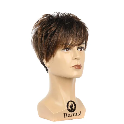 Vista 4 de Peluca corta para hombre color marrón, peluca de pelo sintético natural en capas marrón (Brown 1)
