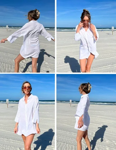 Vista 5 de UNibelle Camisas de lino de algodón para mujer, estilo casual, con botones, para playa, para cubrir el traje de baño