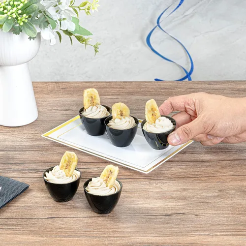 Vista 5 de Restaurantware - Mini cuencos de degustación de 2 onzas, 100 cuencos redondos- Desechables, resistentes, cuencos de postre de plástico negro