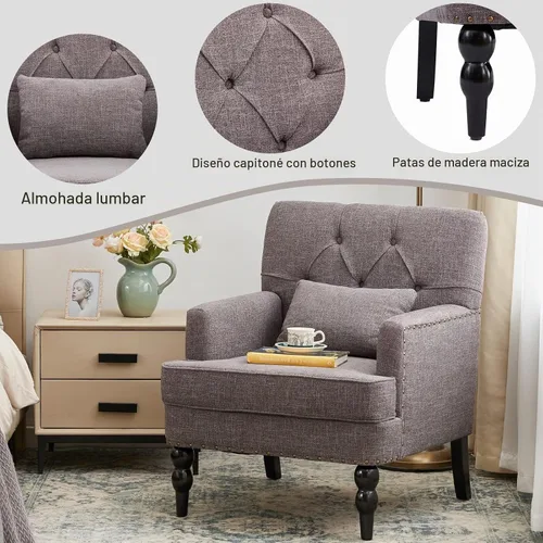Vista 6 de HUIMO Silla Club Capitoné con Cojín Lumbar, Sillón Tapizado con Botones, Silla de Lectura Decorativa, Sillas de Sofá de Tela de Lino para Gris