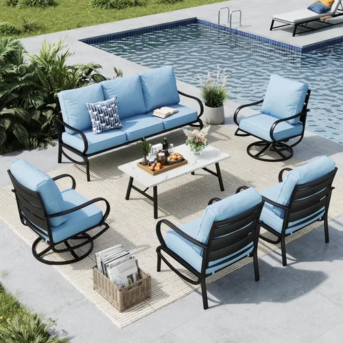 Vista 25 de MFSTUDIO Juegos de muebles de patio, sofás de conversación de metal para exteriores con 1 sofá de 3 asientos para jardín, cojín beige