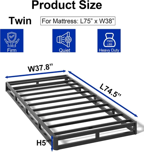 Vista 2 de Somier de 5 Pulgadas para Cama Individual, Base de Colchón Metálica Resistente con Funda de Tela, Montaje Fácil, Capacidad de 680 kg